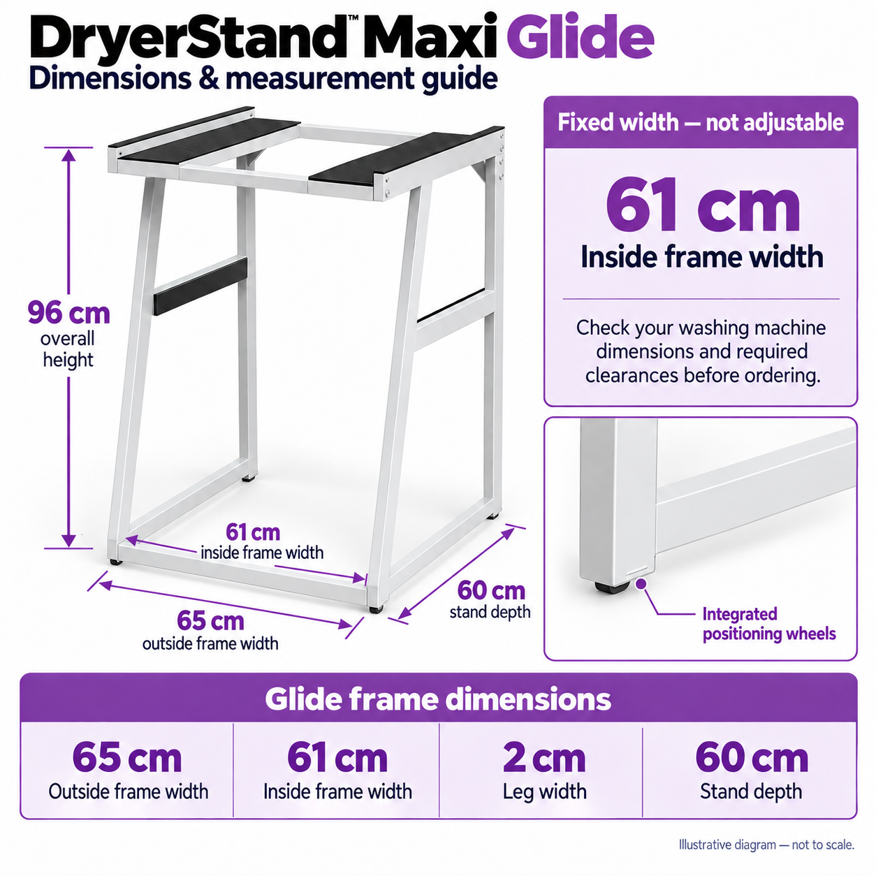 Maxi Glide size chart: height 96 cm, outside width 65 cm, inside width 61 cm, depth 60 cm, leg width 2 cm