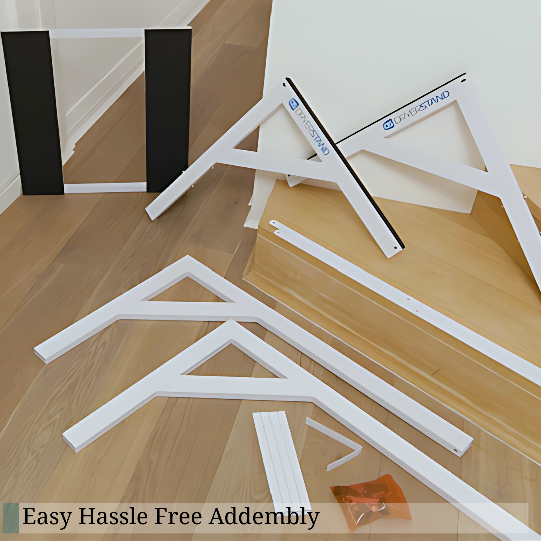 White stand assembly parts on a wooden floor with text 'Easy Hassle Free Assembly'.