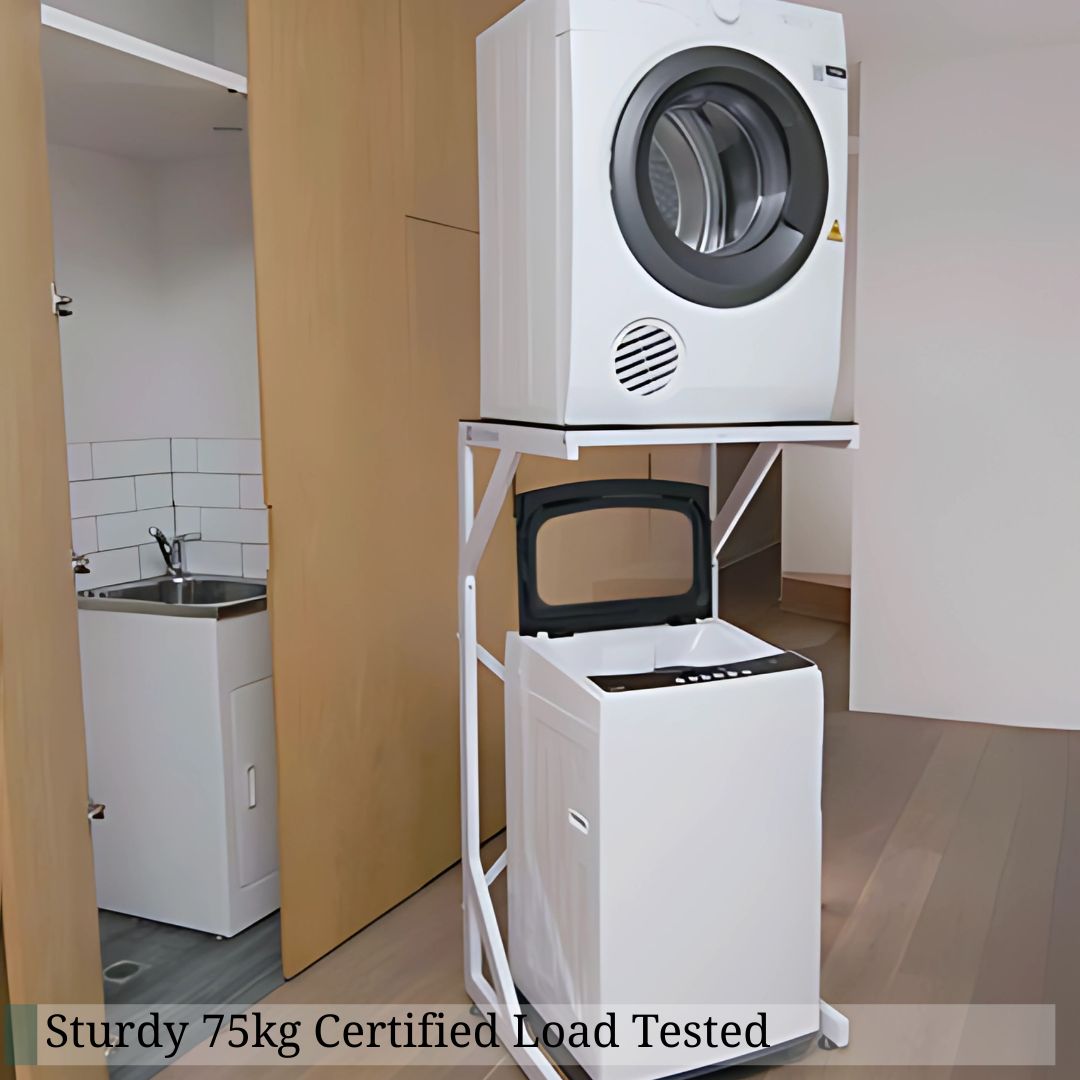 DryerStand Adjustable holding a tumble dryer above a washing machine, SGS load tested to 75 kg