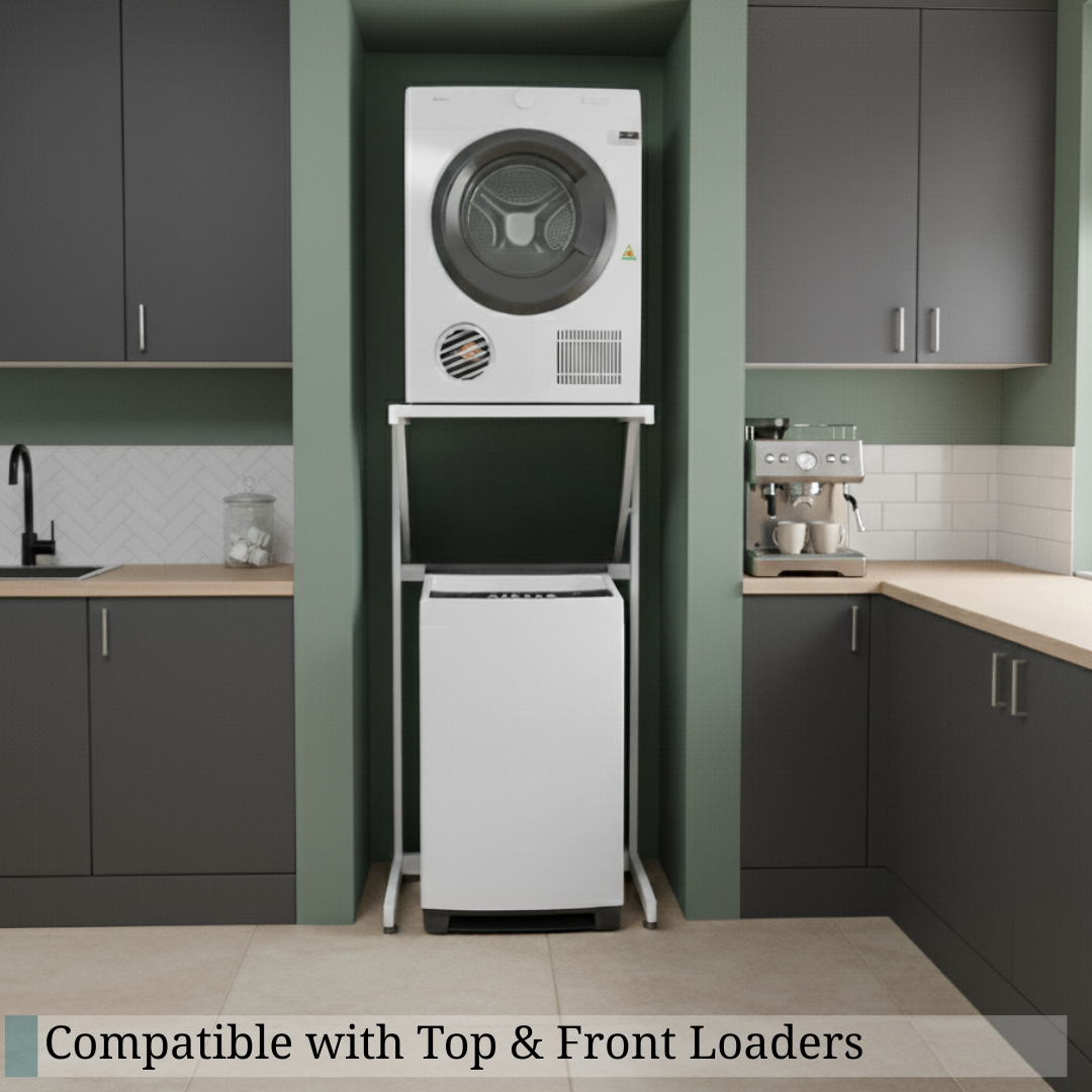 DryerStand Adjustable holding a tumble dryer above a washing machine, suitable for top and front loaders