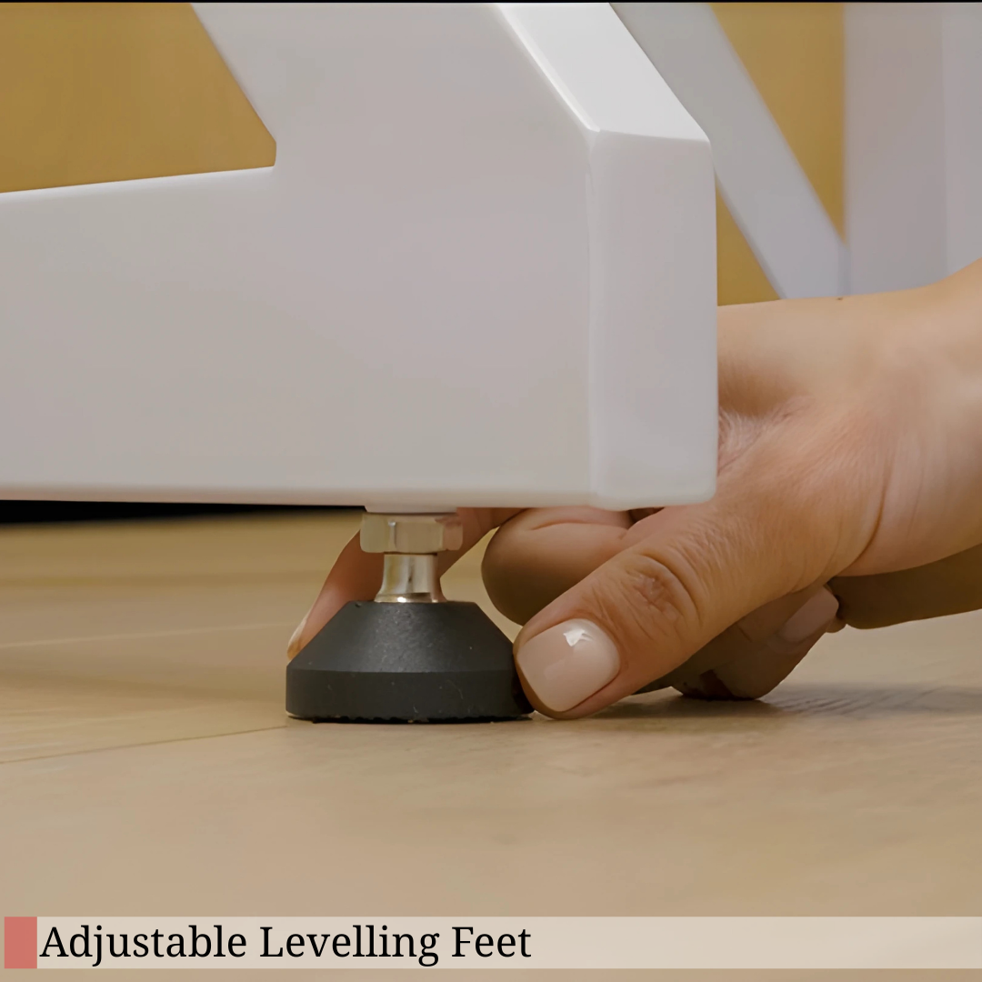 Hand adjusting the levelling feet on a DryerStand Maxi for a stable, even stand