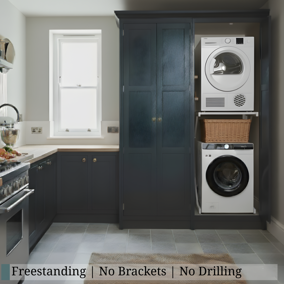 Tumble dryer raised above a washing machine on a DryerStand Adjustable — freestanding, no brackets or drilling