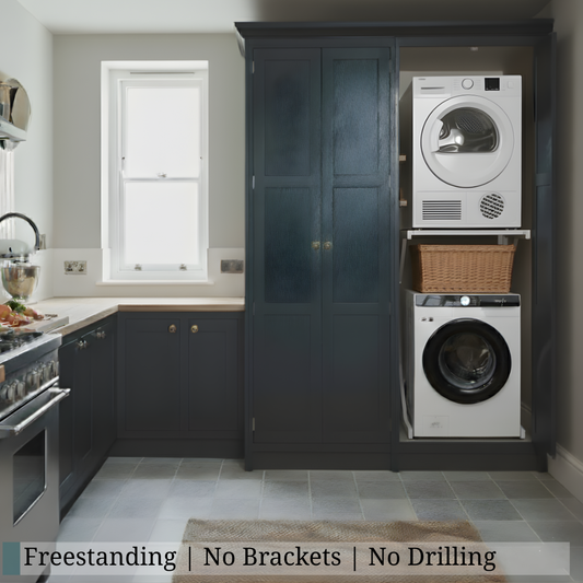 Tumble dryer raised above a washing machine on a DryerStand Adjustable — freestanding, no brackets or drilling
