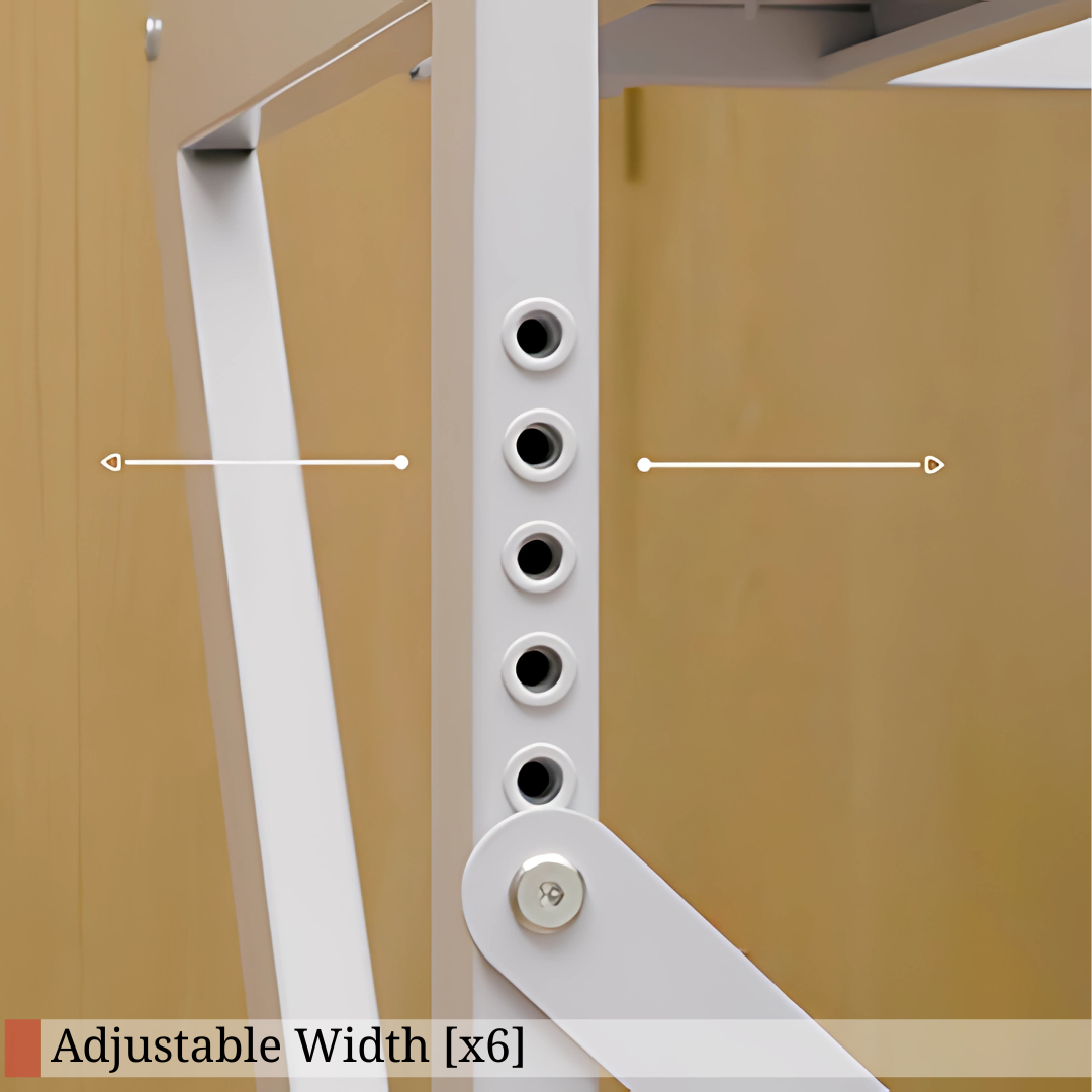 Close-up of the DryerStand Maxi six-position width adjustment on the white steel frame