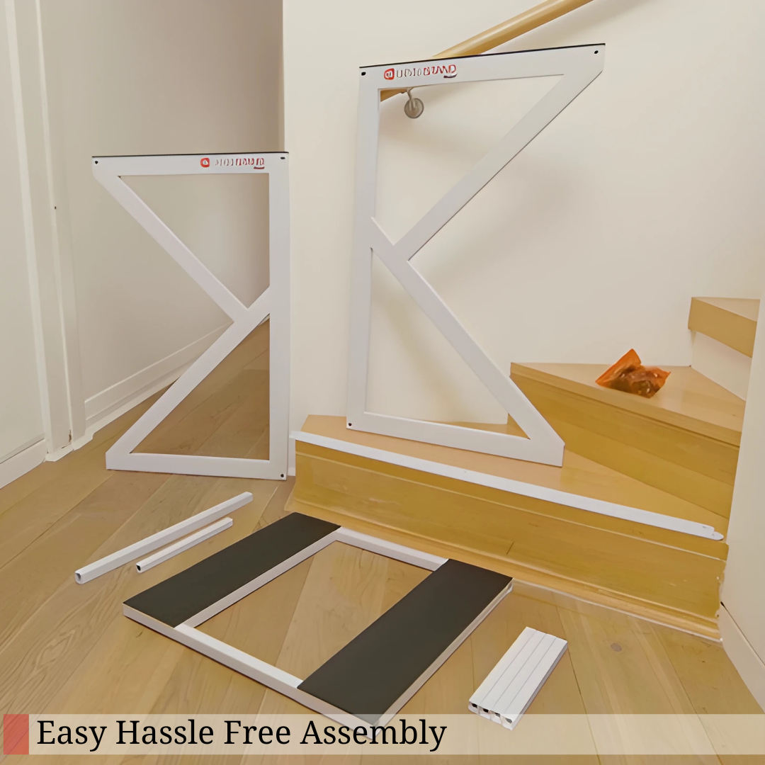 Flat-packed DryerStand Maxi parts laid out on the floor, ready for quick assembly