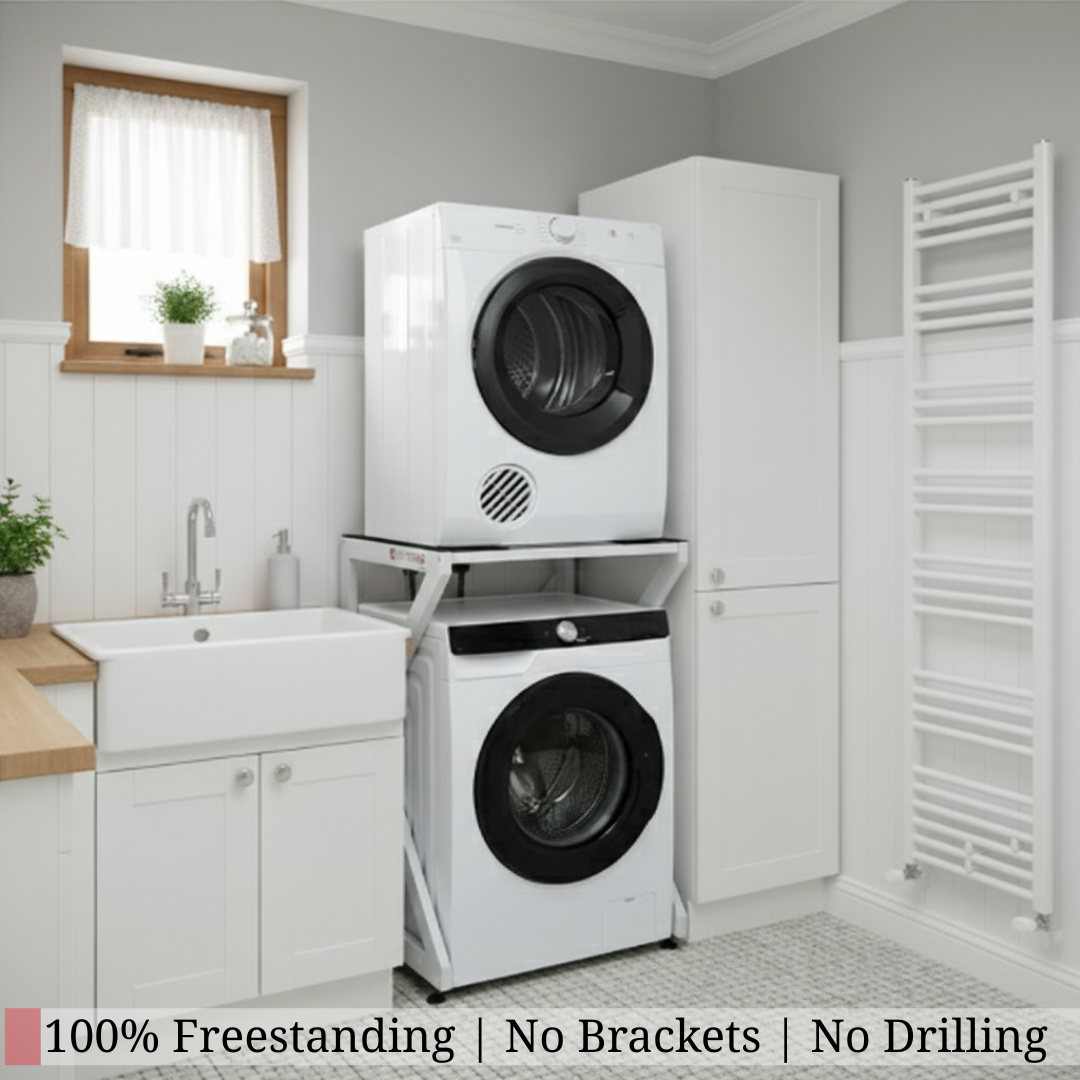 Stacked washer and dryer set on a dryer stand in a laundry room — freestanding, no brackets or drilling
