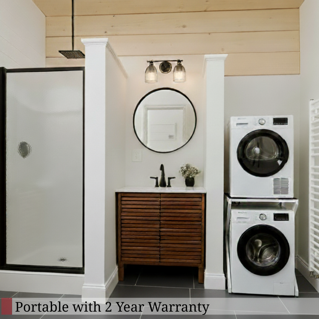 Tumble dryer raised above a washing machine on a DryerStand Maxi in a modern bathroom laundry