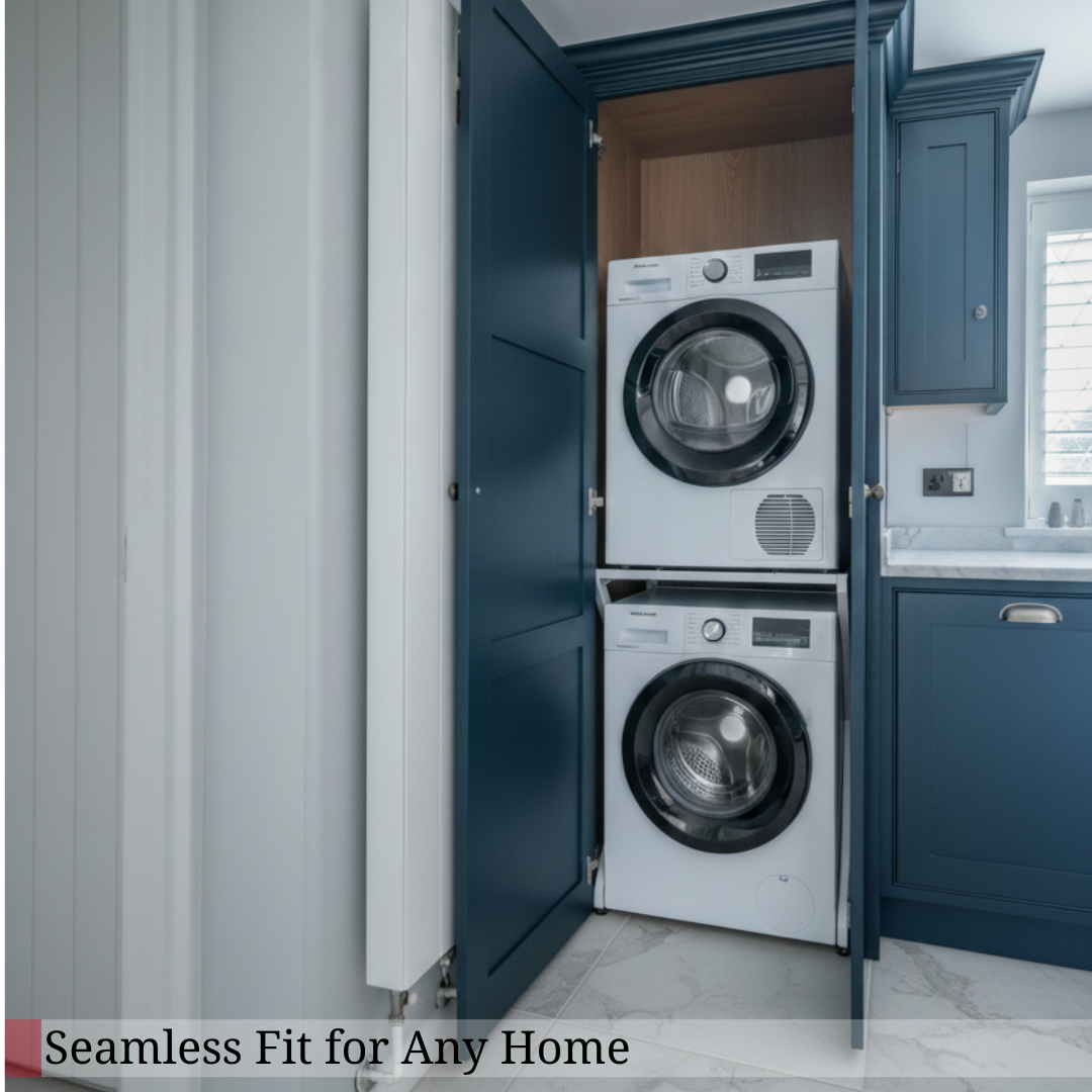 Dryer stacked above a washing machine on a DryerStand Maxi, fitted neatly into a home laundry space