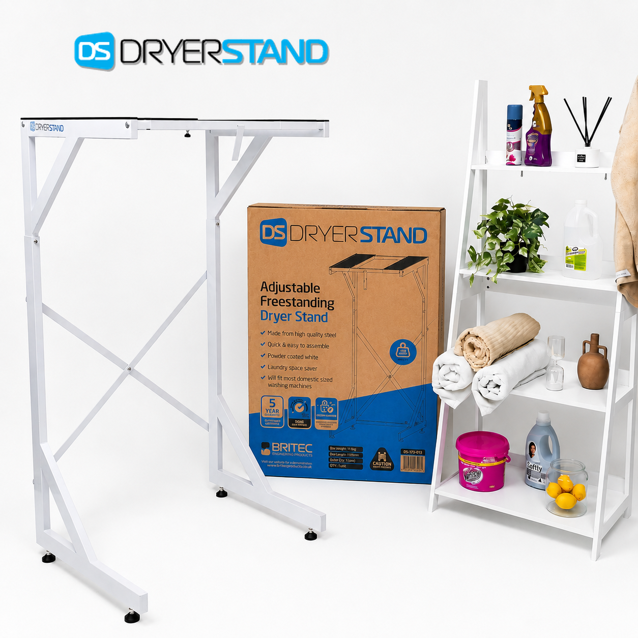 DryerStand Adjustable freestanding dryer stand shown beside its packaging in a styled laundry space