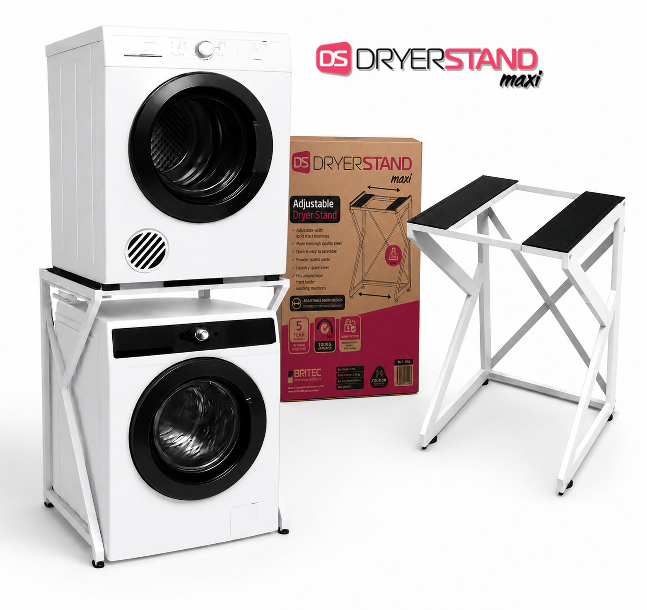DryerStand Maxi raising a tumble dryer above a front-loading washing machine, shown beside its packaging and frame