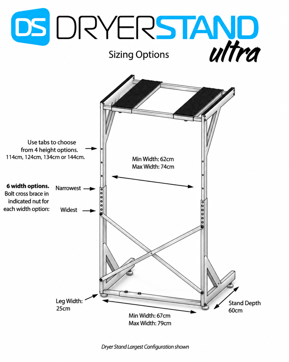 DryerStand Adjustable DS.04 width and height size chart