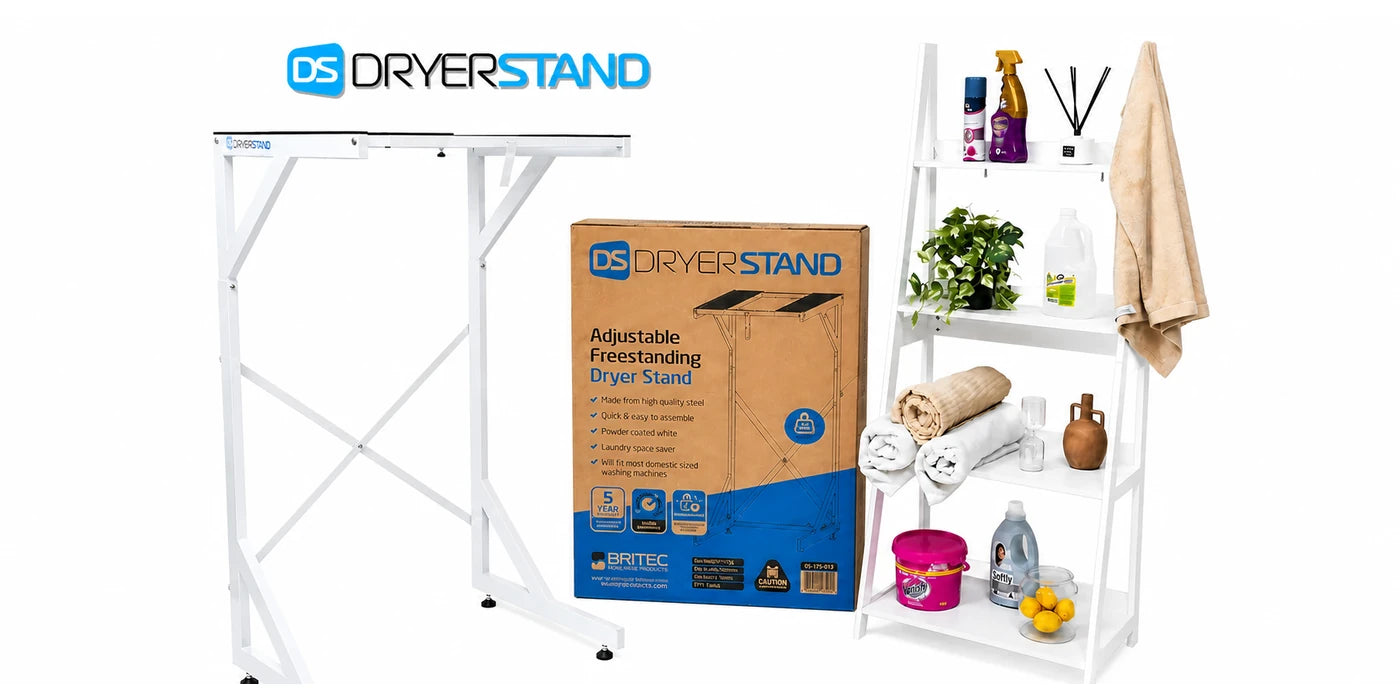 DryerStand Adjustable with laundry storage and product packaging