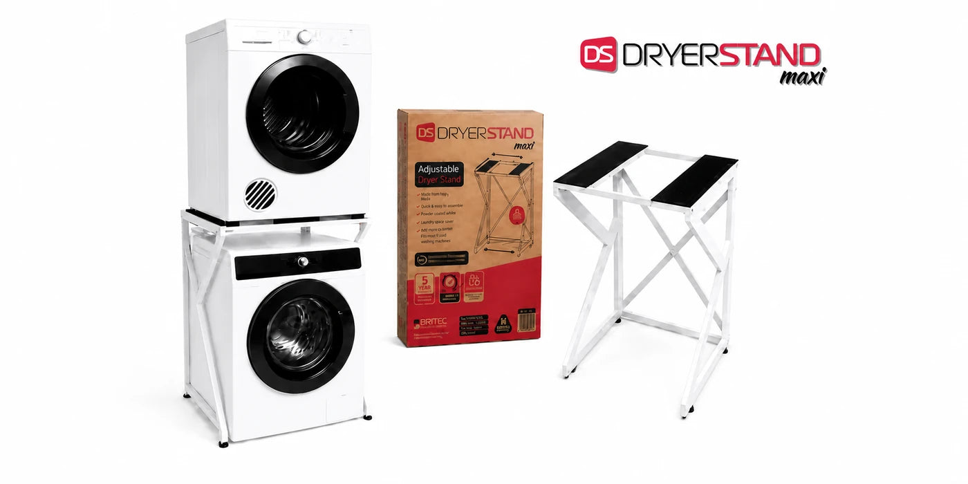 DryerStand Maxi shown freestanding and installed above a washing machine