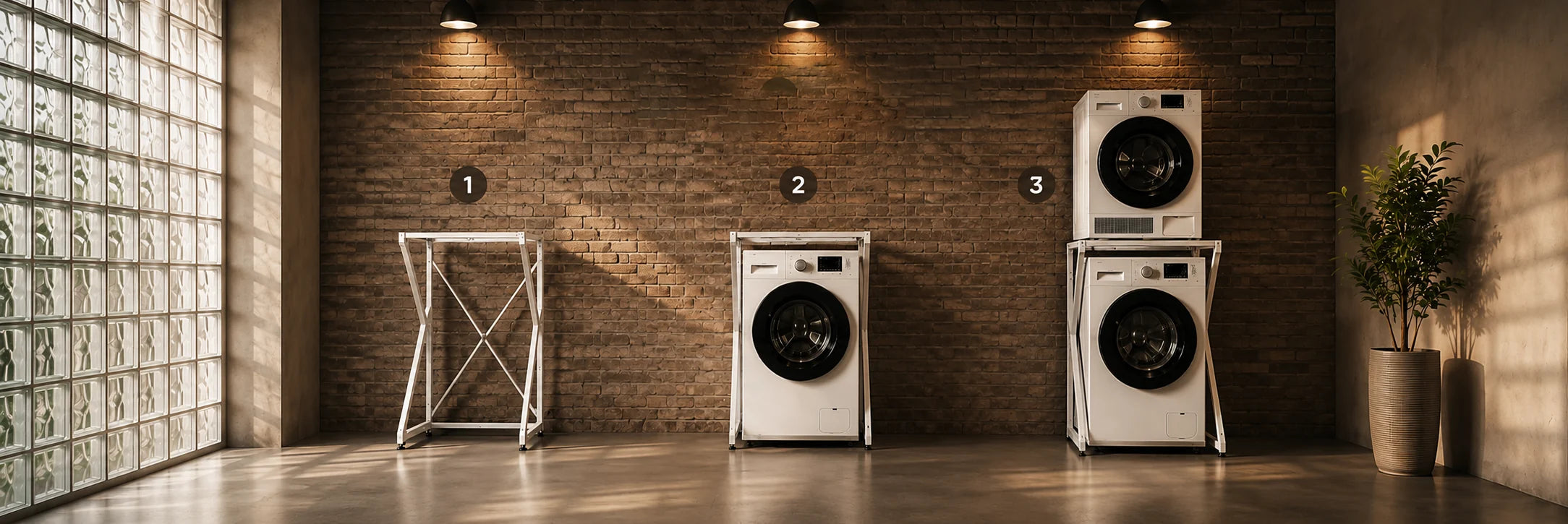 DryerStand three stage laundry setup showing stand only, washer fitted, and dryer stacked above the washer