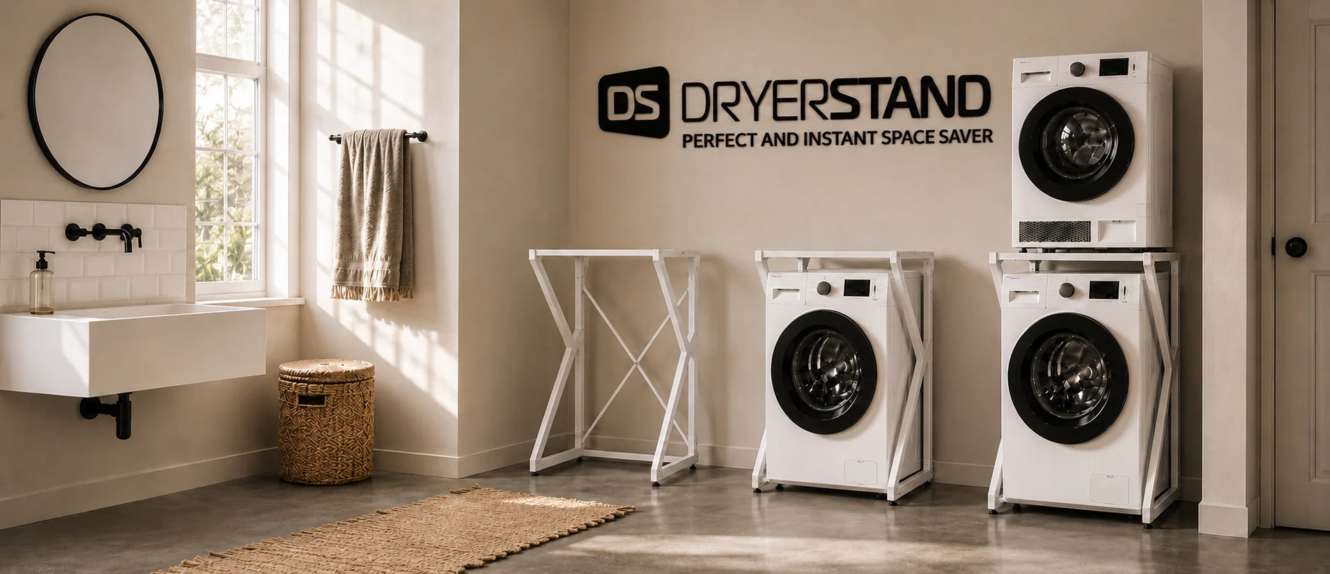 DryerStand freestanding tumble dryer stacking stand shown as an instant laundry space saver