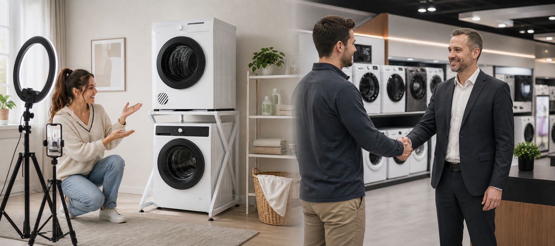 Content creator filming a genuine DryerStand Maxi laundry setup alongside an appliance retail partnership